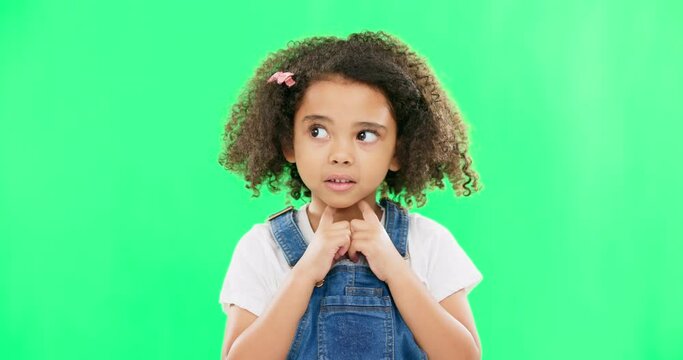 Child, thinking and nervous girl on green screen background with hands on chin and confused face. Black kid in studio with space for mockup wondering about question, doubt and idea or think emoji