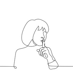 woman with a bob haircut put her index finger to her closed mouth - one line drawing vector. concept of the call of silence, the vow of silence, women's silence