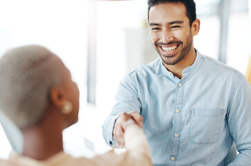 Handshake, professional team and smile, partnership and collaboration, agreement or deal with...