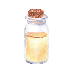 Watercolor illustration. Small glass bottle of essential oil with cork stopper. Isolated on a white background. Oil from sage flowers, etc. Blank for text.For the design of cosmetic brochures, labels