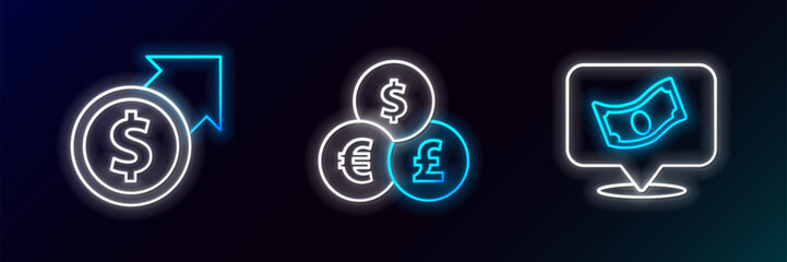 Set line Stacks paper money cash, Financial growth and dollar and Currency exchange icon. Glowing neon. Vector