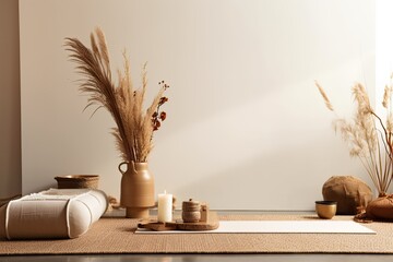 Arrangement of space with mats and accessories, dried plants, decoration, ears, sheaf, and branch in a vase above a yoga class, modern minimal interior design. Generative AI
