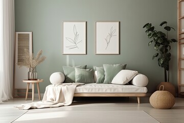Close up of a green toned wooden Scandinavian living room with a frame mockup and copy space, a white fabric sofa with pillows, a blanket, and other decorations. concept for contemporary minimalist in