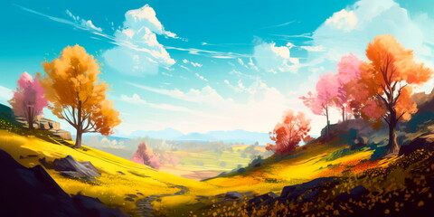 Obraz na płótnie Canvas Vibrant and colorful spring landscape for a poster Generative AI