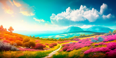 Vibrant and colorful spring landscape for a poster Generative AI