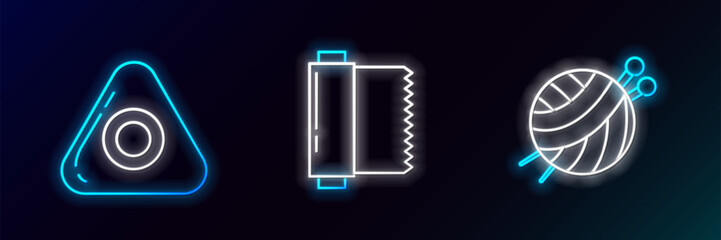 Set line Yarn ball with knitting needles, Sewing chalk and Textile fabric roll icon. Glowing neon. Vector