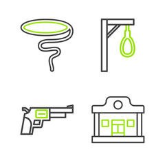 Fototapeta premium Set line Wild west saloon, Revolver gun, Gallows and Lasso icon. Vector