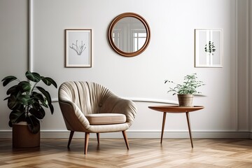 prototype vertical photo frame on the wall, with a round glass table, leather chair, and houseplant in addition to the parquet floor,. Generative AI