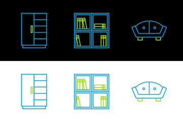 Set line Sofa, Wardrobe and Shelf with books icon. Vector