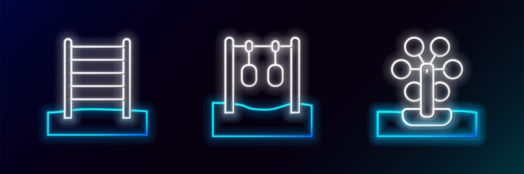recommend clip art: Set line Ferris wheel, Swedish wall and Gymnastic rings icon. Glowing neon. Vector