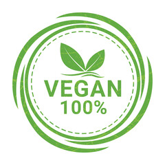 100 percent vegan icon vector illustration, vegan food symbol with green leaves, seal, stamp, tag, label, for medical and health packaging design