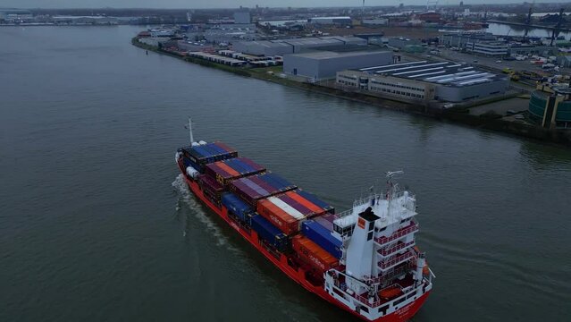 A2B Comfort Ship Loaded With Intermodal Containers On The River Near Dordrecht, Netherlands. Aerial Drone Shot