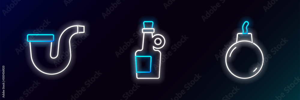 Canvas Prints set line bomb ready to explode, smoking pipe and alcohol drink rum icon. glowing neon. vector