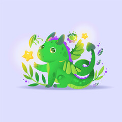 Dragon - a symbolic Chinese New Year 2024. A cute illustration for decorating children's clothes, creating stickers and prints for interior items. Cartoon style. Vector illustration.