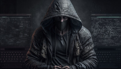 Fototapeta na wymiar Hooded man in a dark room with a computer on the background. AI generated