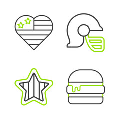 Set line Burger, USA Independence day, American football helmet and icon. Vector