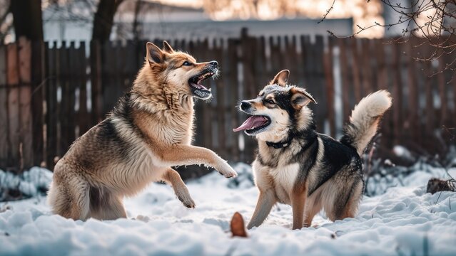 Two dogs play in the backyard in the winter snow