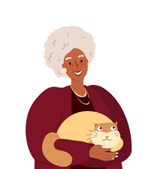 Smiling African Senior Lady with cat,happy elderly retired woman hug her fat cat.Happy woman,Old Senior Person wear fashion stylish clothes,accessory.Flat vector illustration isolated,white background