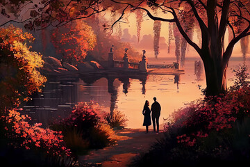 Romantic date in a picturesque park. AI generated. - obrazy, fototapety, plakaty