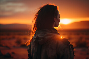 Fototapeta premium beautiful girl watching sunset, silhouette of a girl at sunset, silhouette of a person in the sunset, silhouette of a person on the beach, silhouette of a woman in sunset, Generative AI