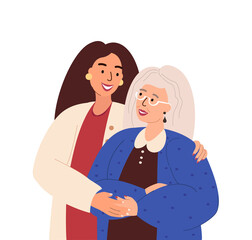 Portrait of happy retired Elderly Mother and adult daughter hug each other.Adult woman embracing mature parent or grandparent isolated on white.Parent with child feeling love.Flat Vector illustration