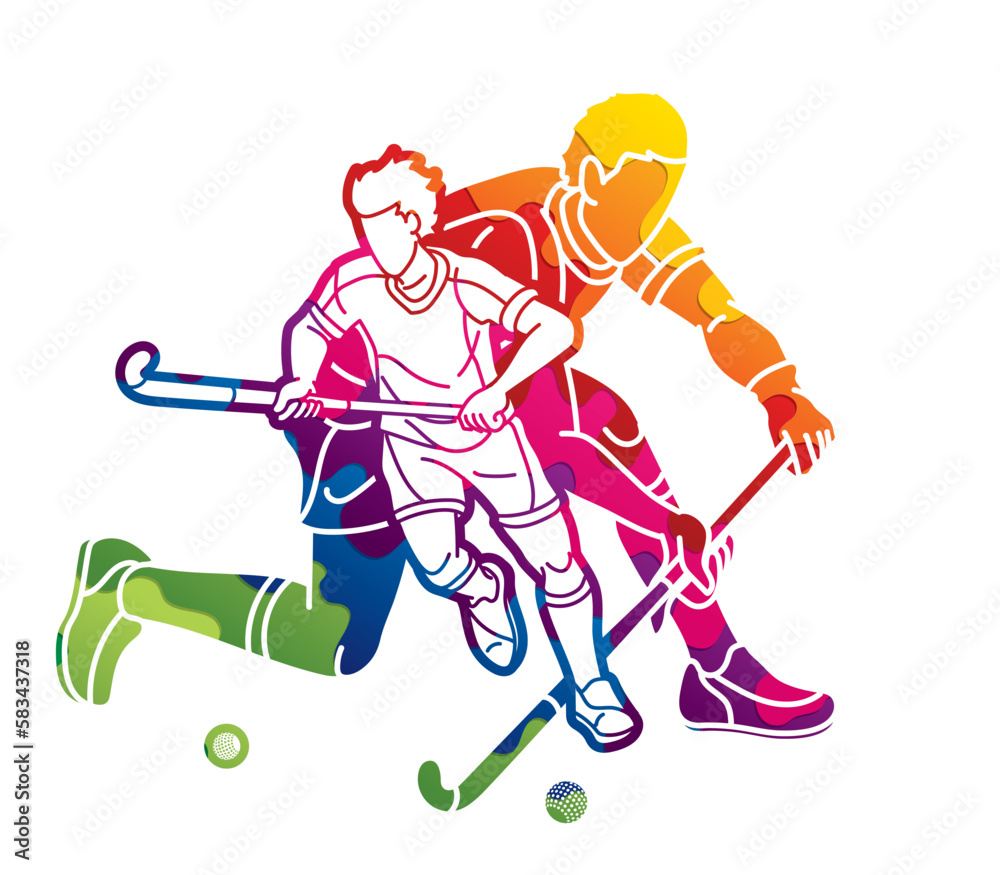 Sticker Field Hockey Sport Team Male Players Mix Action Cartoon Graphic Vector