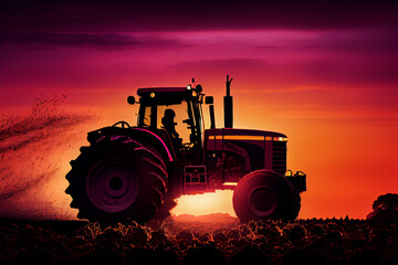 Fototapeta premium Tractor plows a field at sunset. AI generated.