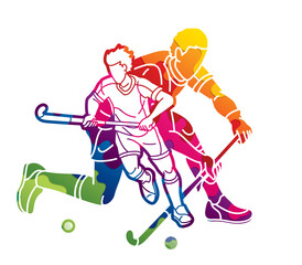 Fototapeta na wymiar Field Hockey Sport Team Male Players Mix Action Cartoon Graphic Vector