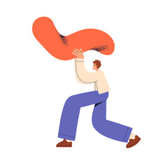 Abstract shape in hands of creative character. Young man carrying trendy organic figure in hands, holding big element. New business idea concept. Flat vector illustration isolated on white background