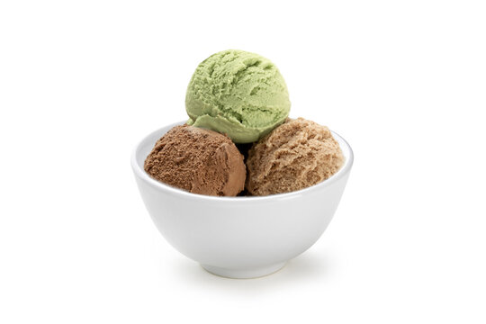 Ice Cream Cup, Italian "Gelato" on White Background – Chocolate, Hazelnut and Pistachio. Detailed, High Resolution Close-Up Macro. Isolated on white background 