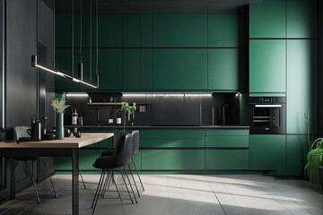 Modern green kitchen corner with built in appliances, white, black, and green counters. Visualization of a cozy home. a mockup. Generative AI