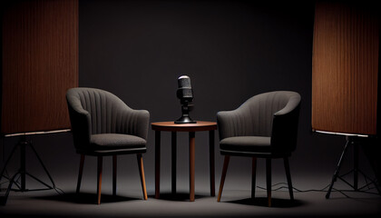Room with chair and microphone for podcast. Generative AI