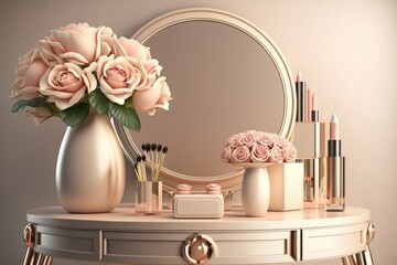 Realistic 3D render for beauty products display backdrop, blank empty space on ivory beige elegance dressing table with round mirror - generative ai