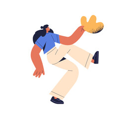 Young girl playing, holding abstract organic shape in hand. Modern creative character with trendy object, contemporary element in hand. Flat concept vector illustration isolated on white background