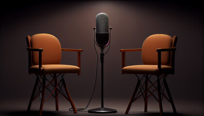 Room with chair and microphone for podcast. Generative AI