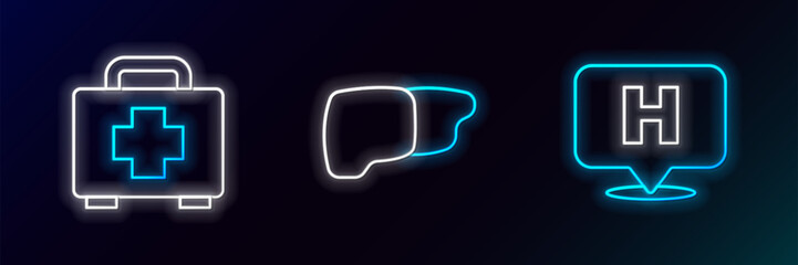 Set line Location hospital, First aid kit and Human organ liver icon. Glowing neon. Vector