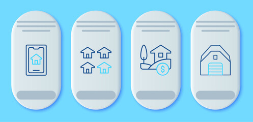Set line Real estate, House with dollar, Online real and Garage icon. Vector
