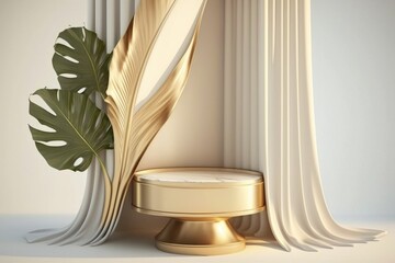 Background for natural organic products showcase or display. An empty podium stand on green background with beautiful leaves shadow. Eco, Cosmetic, spa - generative ai