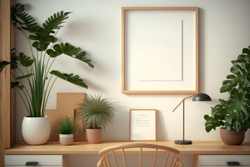 Fototapeta na wymiar Mockup blank 4 black picture frame gallery on the white beige wall in contemporary living room with orange armchair and house plants in morning sunlight. 3D render for poster frame template. - generat