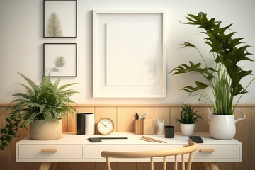 Fototapeta na wymiar Mockup blank 4 black picture frame gallery on the white beige wall in contemporary living room with orange armchair and house plants in morning sunlight. 3D render for poster frame template. - generat