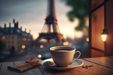 Delicious coffee on blurred background of Paris cozy street and Eiffel tower. Generative AI