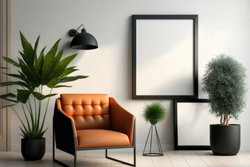 Mockup blank 4 black picture frame gallery on the white beige wall in contemporary living room with orange armchair and house plants in morning sunlight. 3D render for poster frame template. - generat