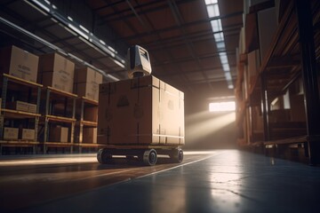 Automated robotic carrying box in warehouse, Distribution logistics center concept. Created Generative Ai