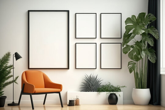 Mockup blank 4 black picture frame gallery on the white beige wall in contemporary living room with orange armchair and house plants in morning sunlight. 3D render for poster frame template. - generat