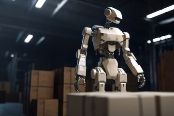 Fototapeta na wymiar Smart Robotic observes and check in warehouse, Distribution logistics center concept. Created Generative Ai