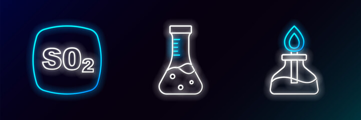 Set line Alcohol or spirit burner, Sulfur dioxide SO2 and Test tube icon. Glowing neon. Vector
