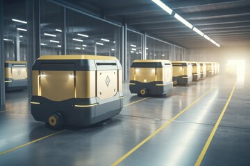 Concept of smart factory and 5G for industrial. Autonomous Robotic transportation or Automated guided vehicle systems( AGV) operating transfer box in automated warehouses - generative ai	
