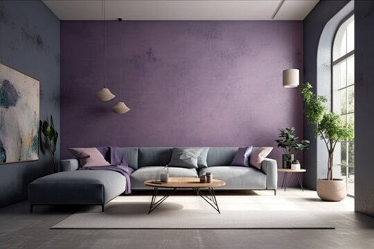 huge sofas in the living room lounge. Violet blue is a popular color for 2022. Mockup of an empty gray painting on a blank wall. Interior and furniture design with a lavender and white color scheme