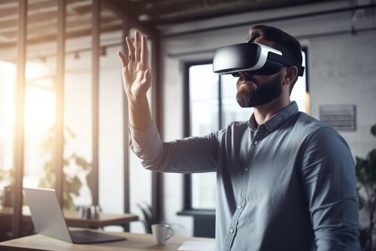 Creative digital development agency and Augmented Reality concept.businessman use VR Glasses(Virtual Reality Headset) for ux developer and ui designer about mobile app interface at modern office 
