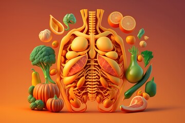 Vegetables forming a human body metabolism and nutrition, Eating Diet Food for Energy and Digestion. Created Generative Ai